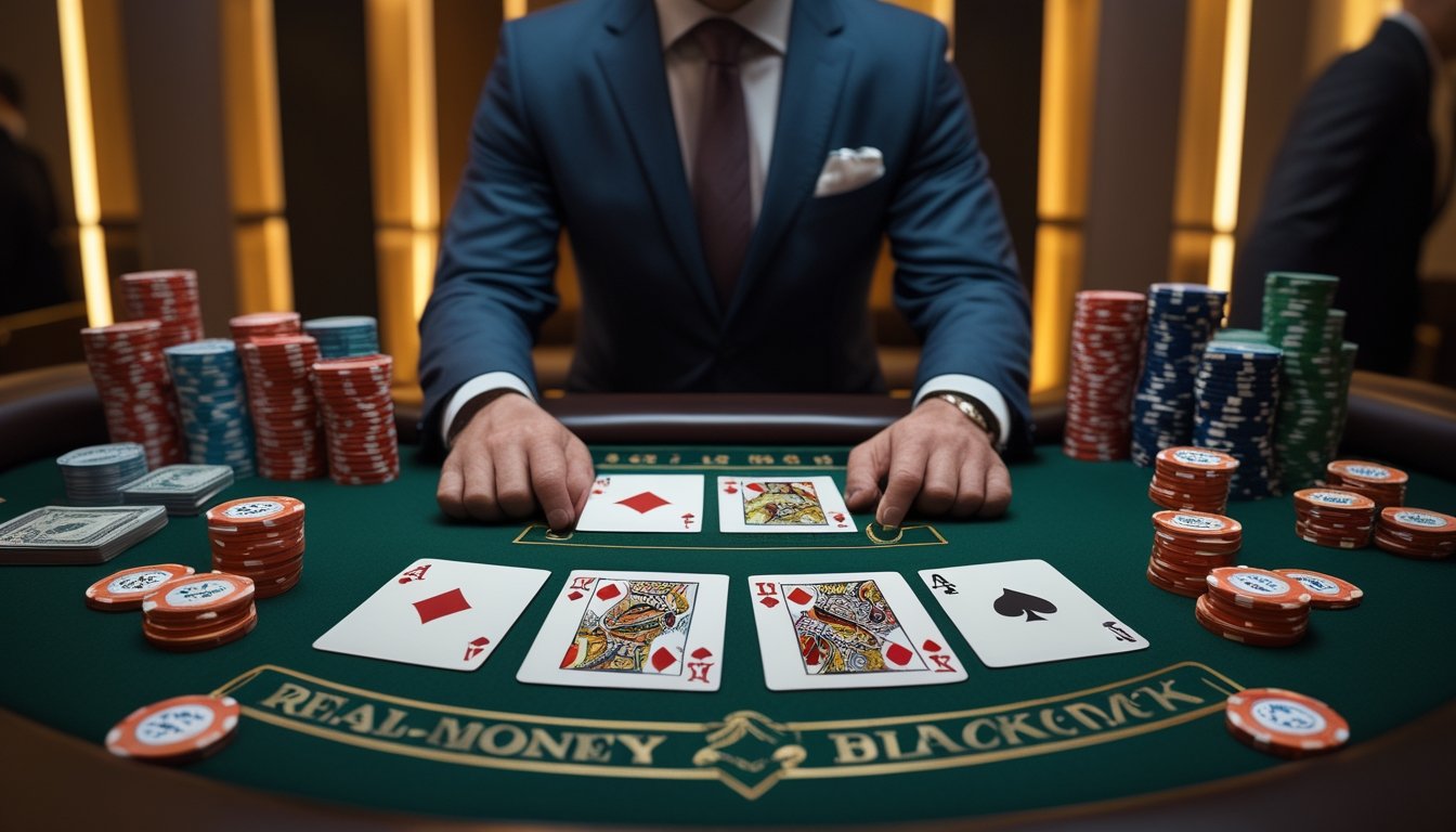 Seorang pemain dewasa fokus bermain blackjack di meja kasino dengan kartu terbuka dan tumpukan chip.