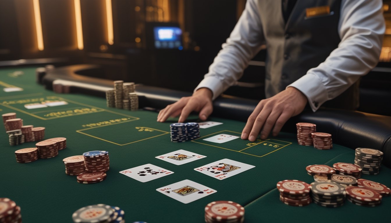 Pemain mempelajari kartu blackjack yang seluruhnya terbuka di meja kasino dengan chip taruhan di sekitarnya.