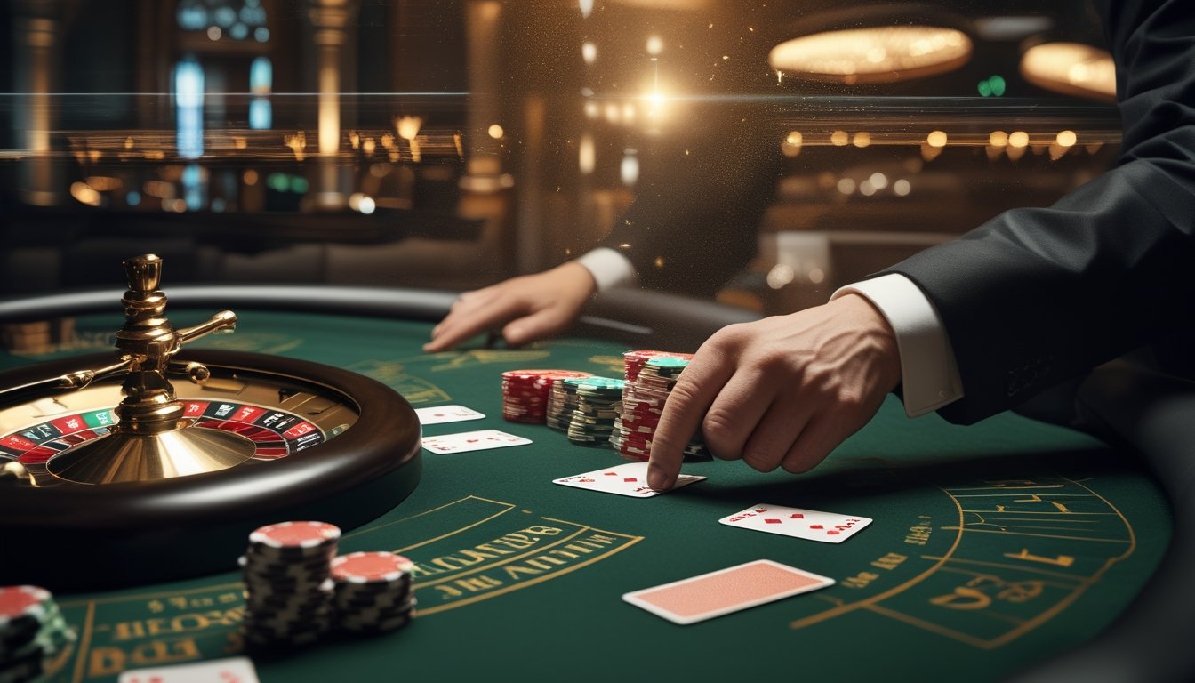 Meja blackjack dengan kartu dan keping kasino dalam komposisi cahaya ganda yang mewah.