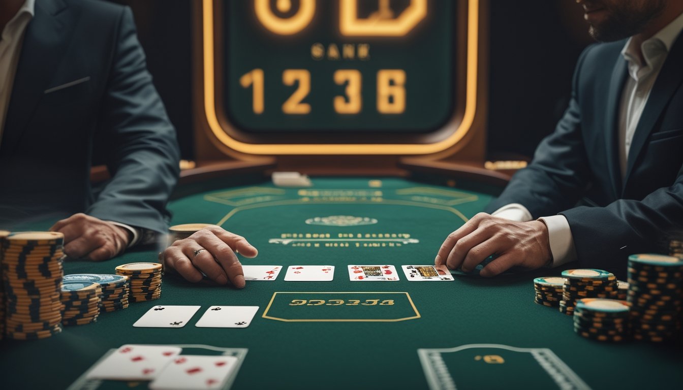 Meja blackjack dengan kartu terbuka, keping taruhan, dealer, dan pemain di suasana kasino.