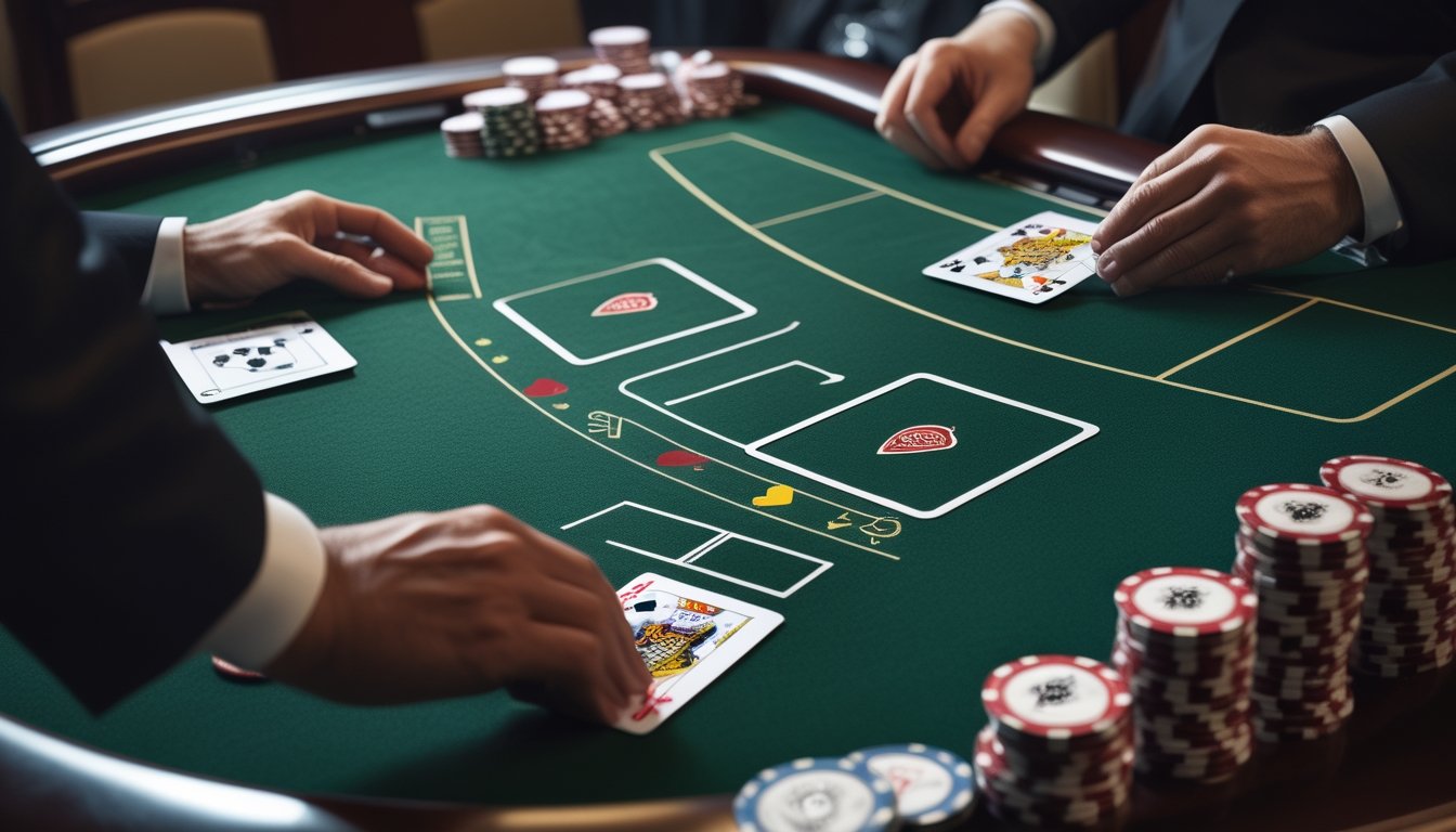 Meja blackjack kasino dengan kartu, keping taruhan, dan tangan pemain serta dealer yang sedang bermain.