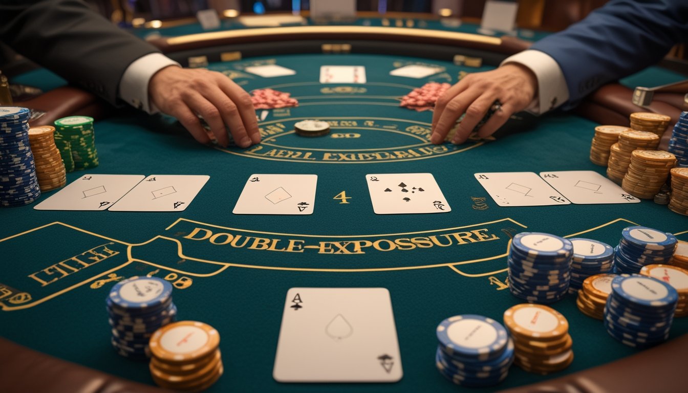 Pemain dan dealer sedang bermain Double Exposure Blackjack dengan kartu terbuka dan tumpukan chip di meja kasino.