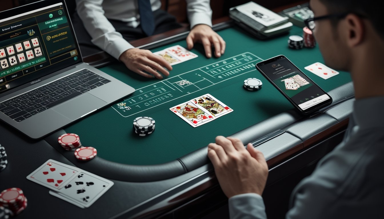 Seseorang memainkan blackjack online di laptop dan ponsel dengan kartu serta keping kasino di atas meja.
