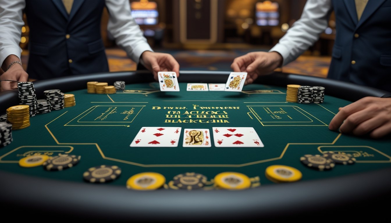 Meja blackjack dengan kartu dealer dan pemain yang terbuka serta chip kasino.