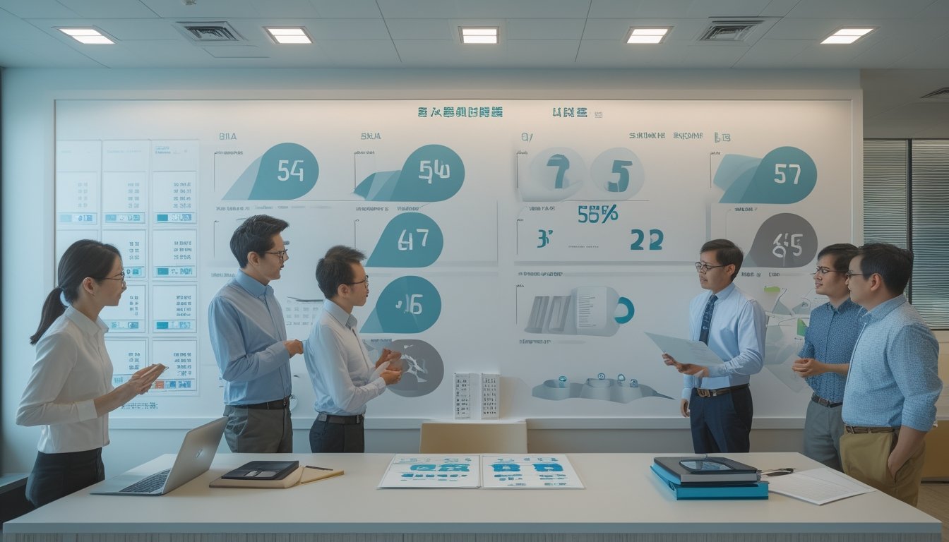 Sekelompok analis dewasa mempelajari pola angka dan grafik data tentang mekanisme undian di kantor modern.