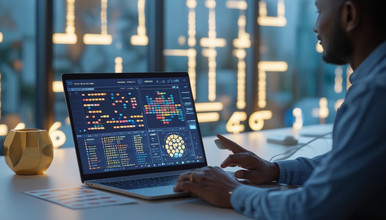 Seseorang melihat laptop berisi pola angka dan visualisasi data abstrak di meja kerja modern.