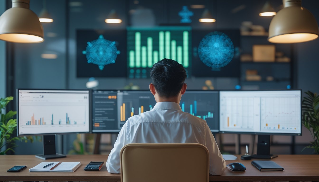 Seorang analis dewasa memeriksa grafik data abstrak di meja kerja dengan beberapa monitor.