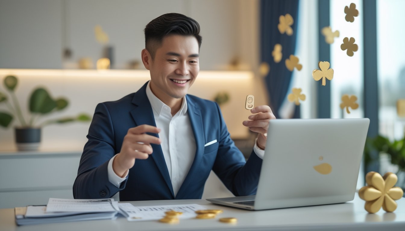 Seorang profesional Indonesia tersenyum sambil memeriksa hasil kemenangan digital di meja kerja modern.