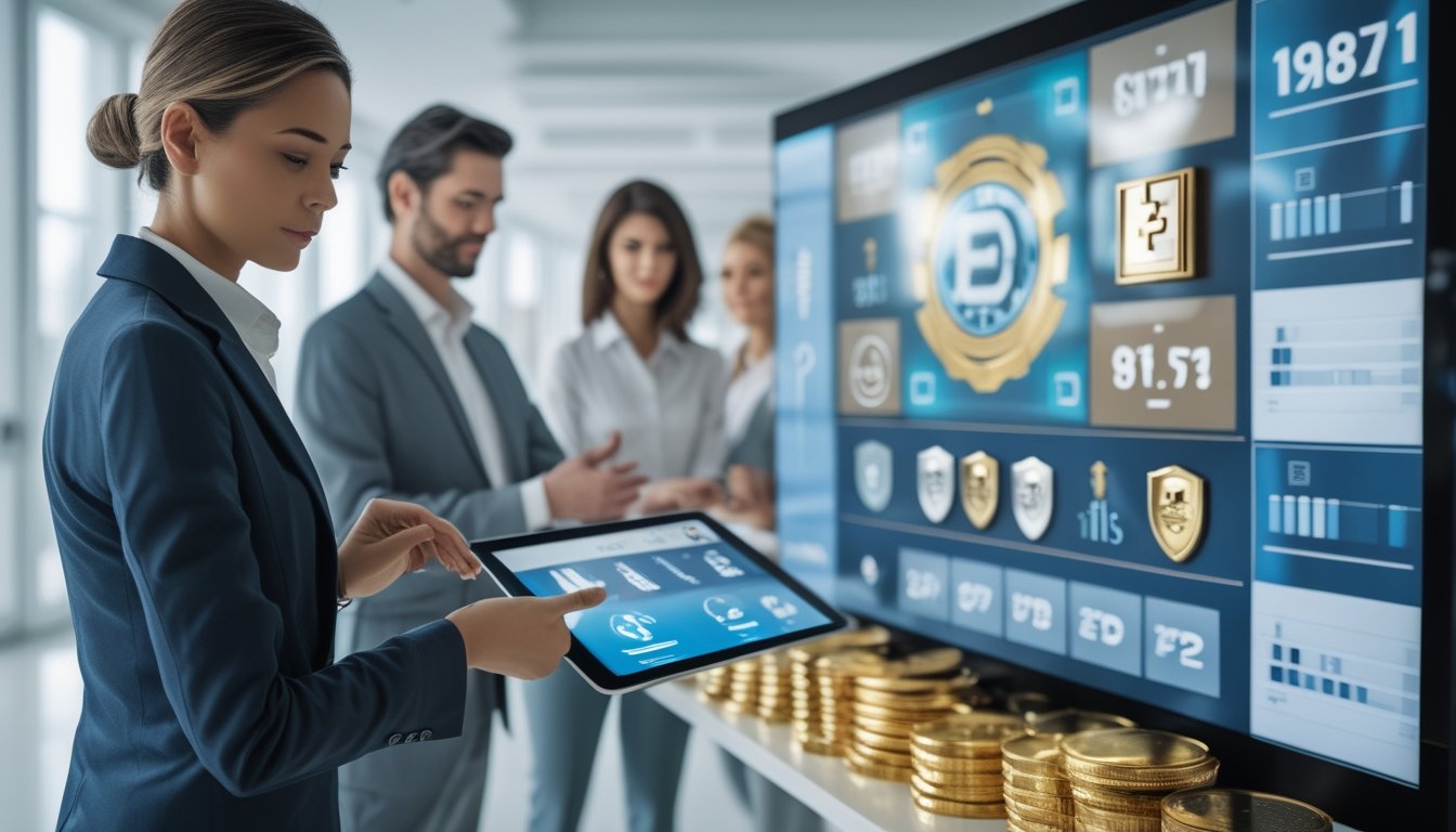 Sekelompok profesional meninjau informasi hadiah pada dasbor digital di ruang kantor modern.