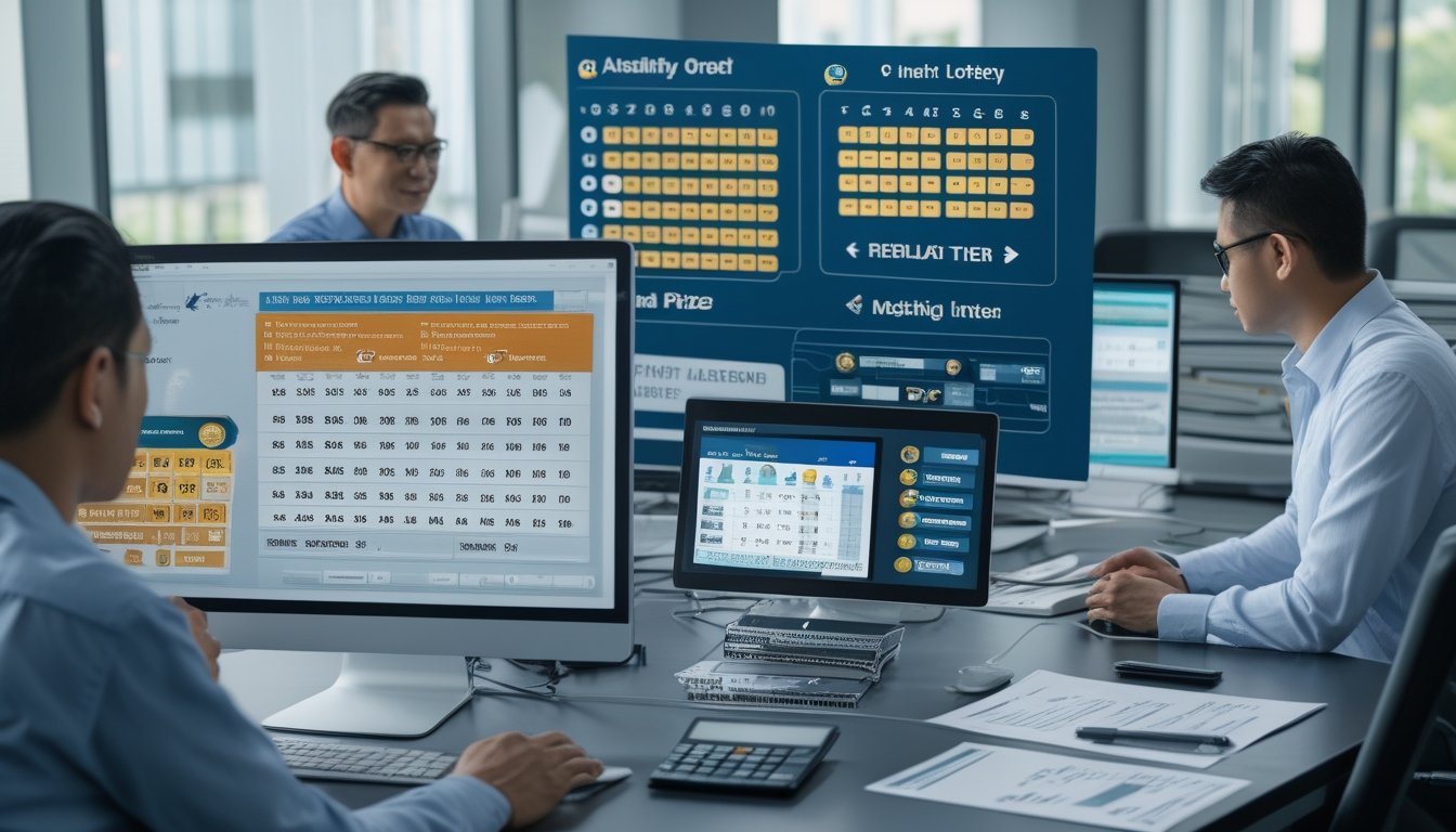 Sekelompok profesional dewasa menganalisis struktur hadiah togel 4D di kantor modern.