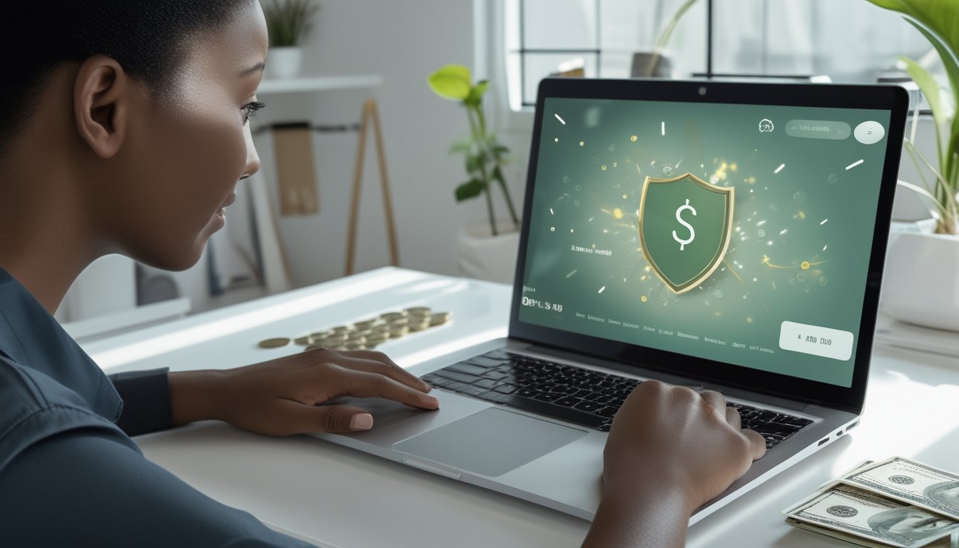 Orang dewasa melihat dasbor digital umum di laptop dengan sejumlah kecil uang di meja dalam ruang kerja modern.