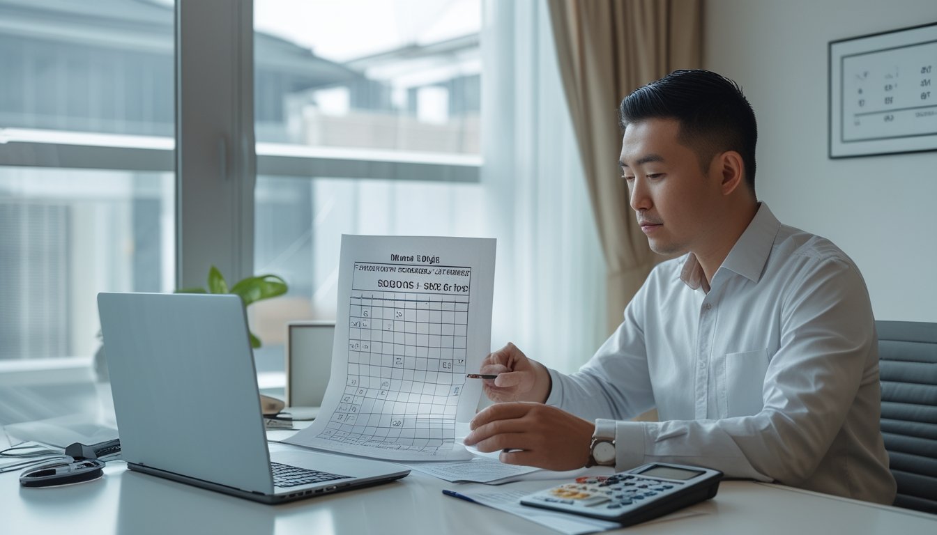Orang dewasa memeriksa catatan angka empat digit dan kalkulator di meja kerja.