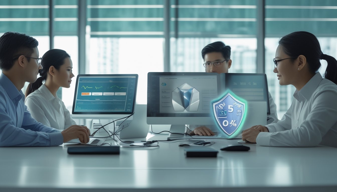Tim profesional meninjau keamanan dan kepatuhan operasional pada layar digital di kantor modern.