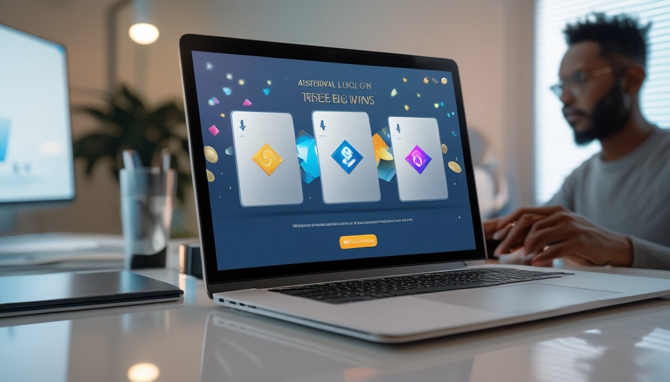Seseorang menggunakan laptop dan ponsel dengan tampilan permainan digital modern di meja kerja.