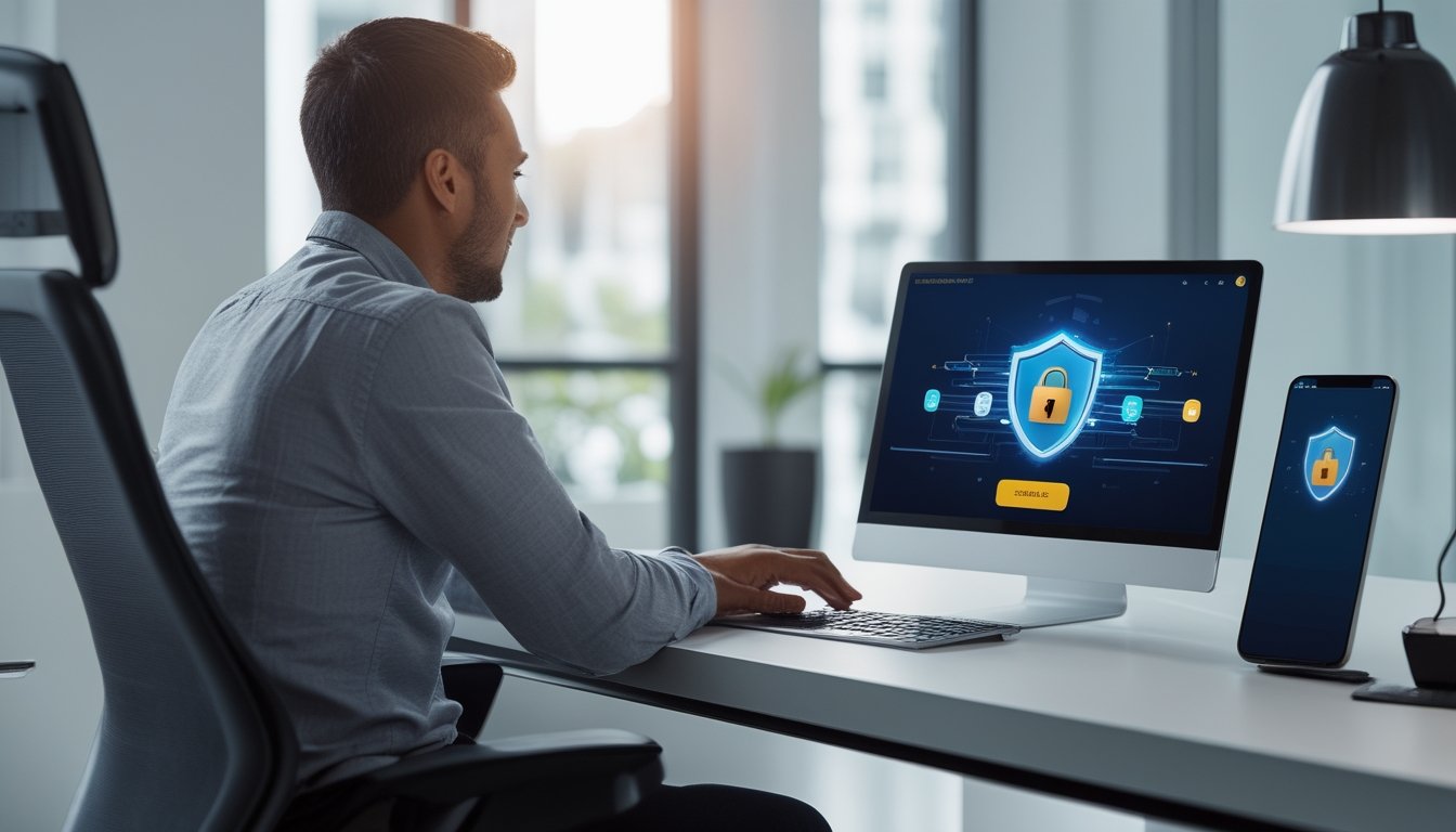 Orang dewasa menggunakan laptop dan ponsel dengan simbol keamanan di meja kerja modern.