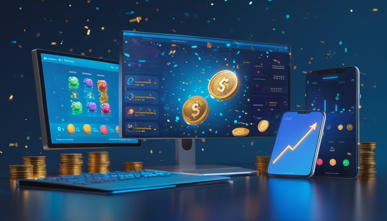 Monitor dan ponsel menampilkan antarmuka permainan digital berwarna-warni dengan koin dan grafik keberhasilan.