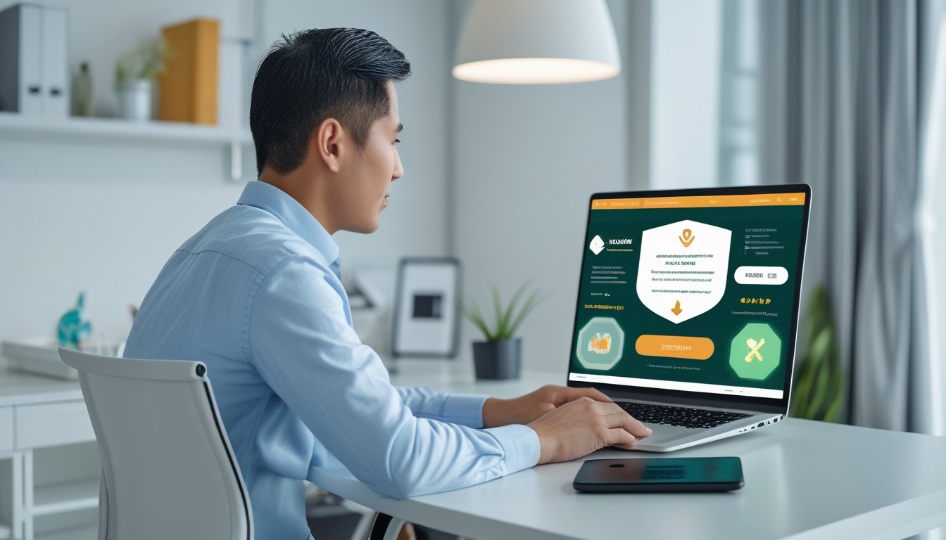Orang dewasa memeriksa platform permainan daring yang aman dan legal di laptop dalam ruang kerja modern.