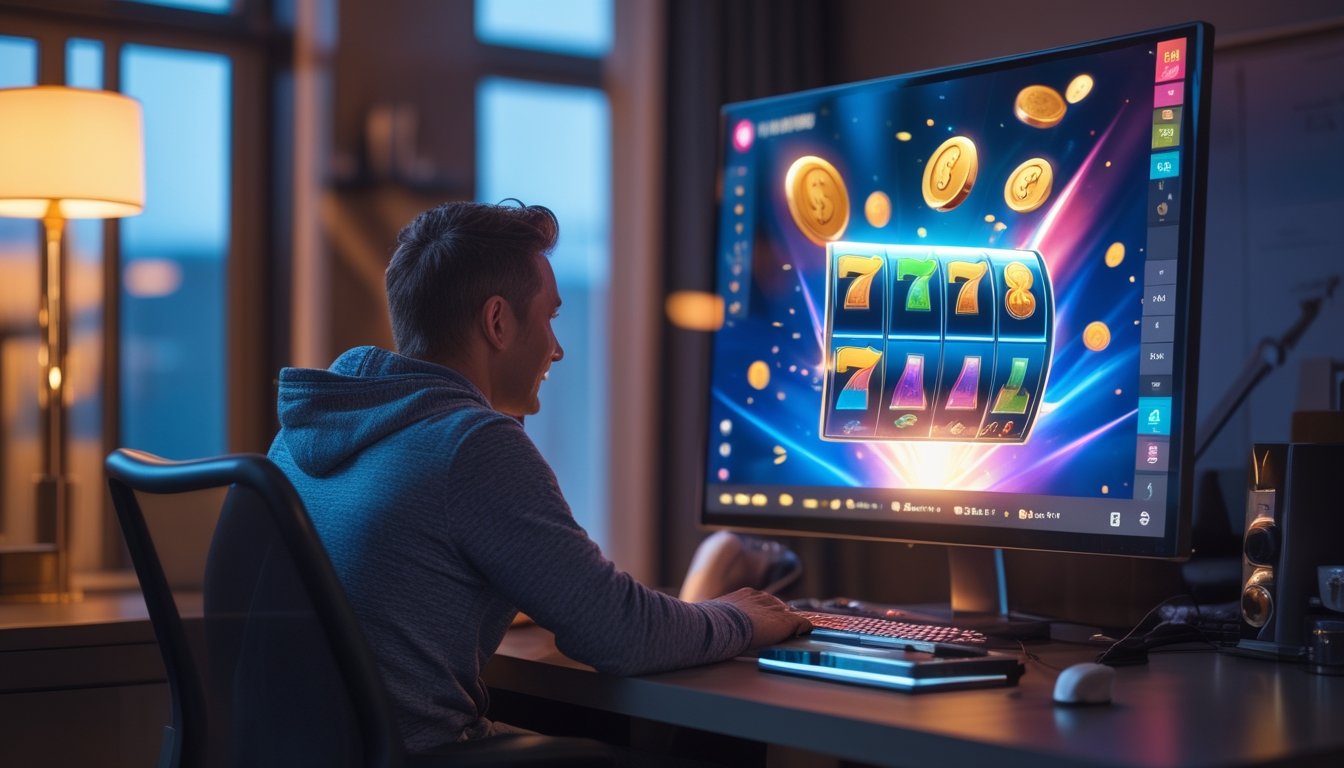 Orang dewasa bermain gim slot di depan monitor dengan cahaya warna-warni dan efek kemenangan pada malam hari.