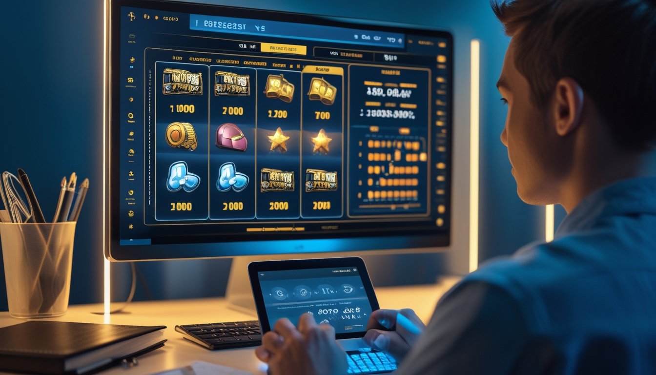 Seorang analis mempelajari tampilan permainan slot digital dan grafik data di ruang kerja modern.