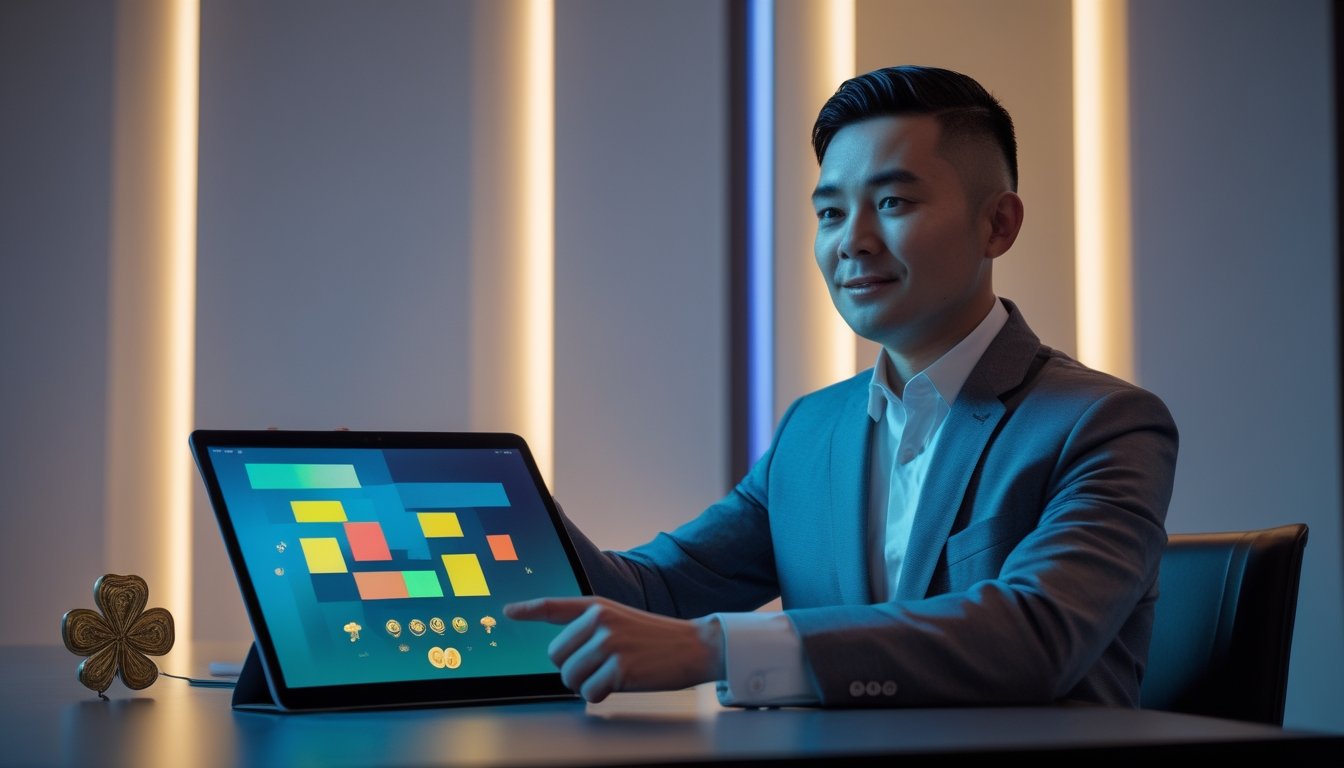 Seorang presenter dewasa meninjau tablet dan laptop di ruang studio modern dengan pencahayaan biru dan emas.