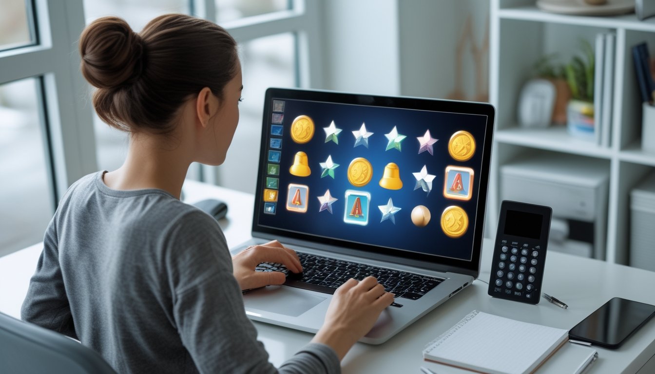 Seseorang mempelajari permainan slot digital di laptop pada meja kerja modern.