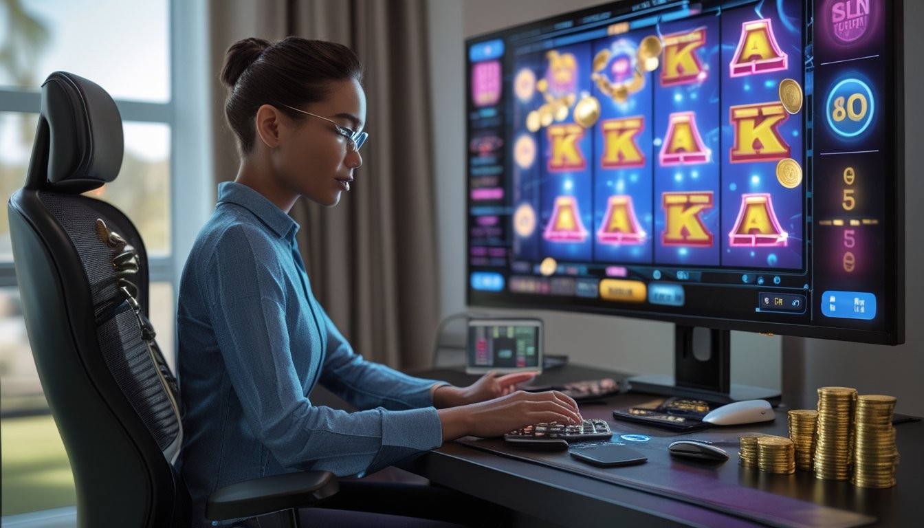 Seseorang menyusun strategi permainan slot di depan komputer dengan koin dan catatan di atas meja.