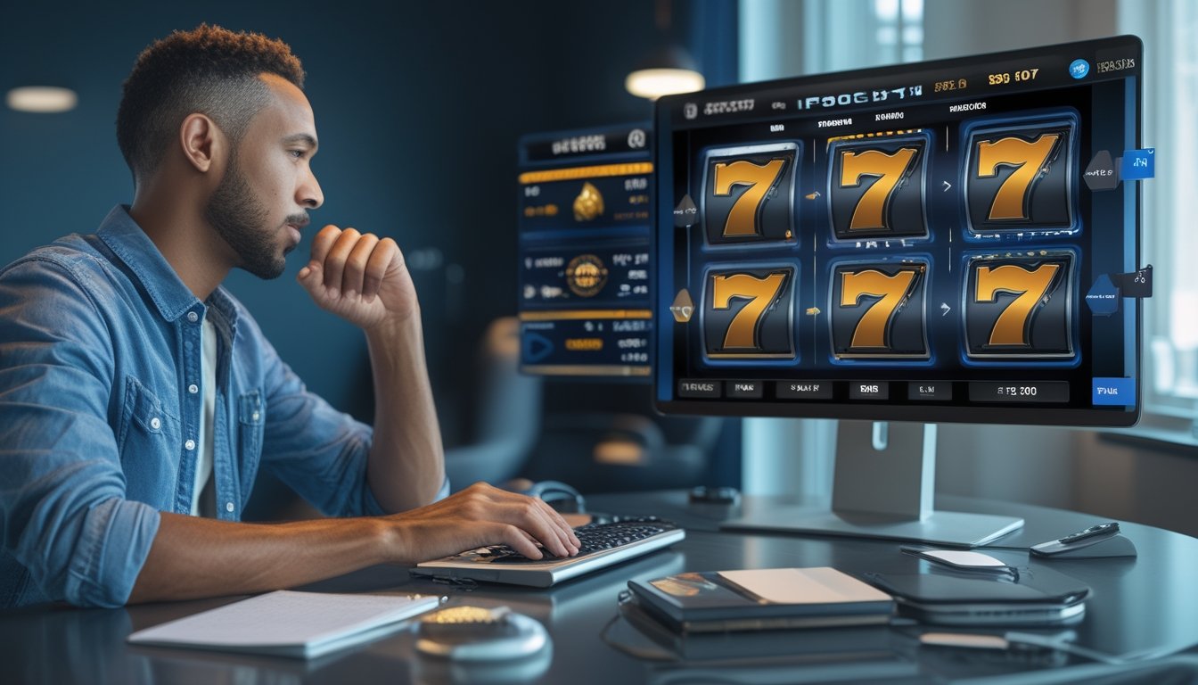Orang dewasa menganalisis permainan slot di depan komputer dengan catatan, kalkulator, dan grafik statistik.