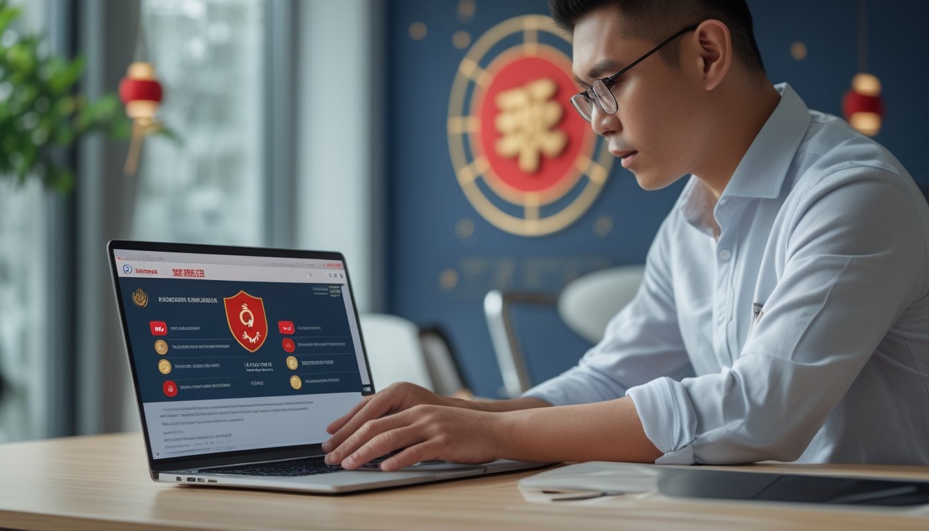 Seorang profesional meninjau keamanan dan kredibilitas platform digital di laptop dengan simbol perisai dan elemen zodiak yang halus.