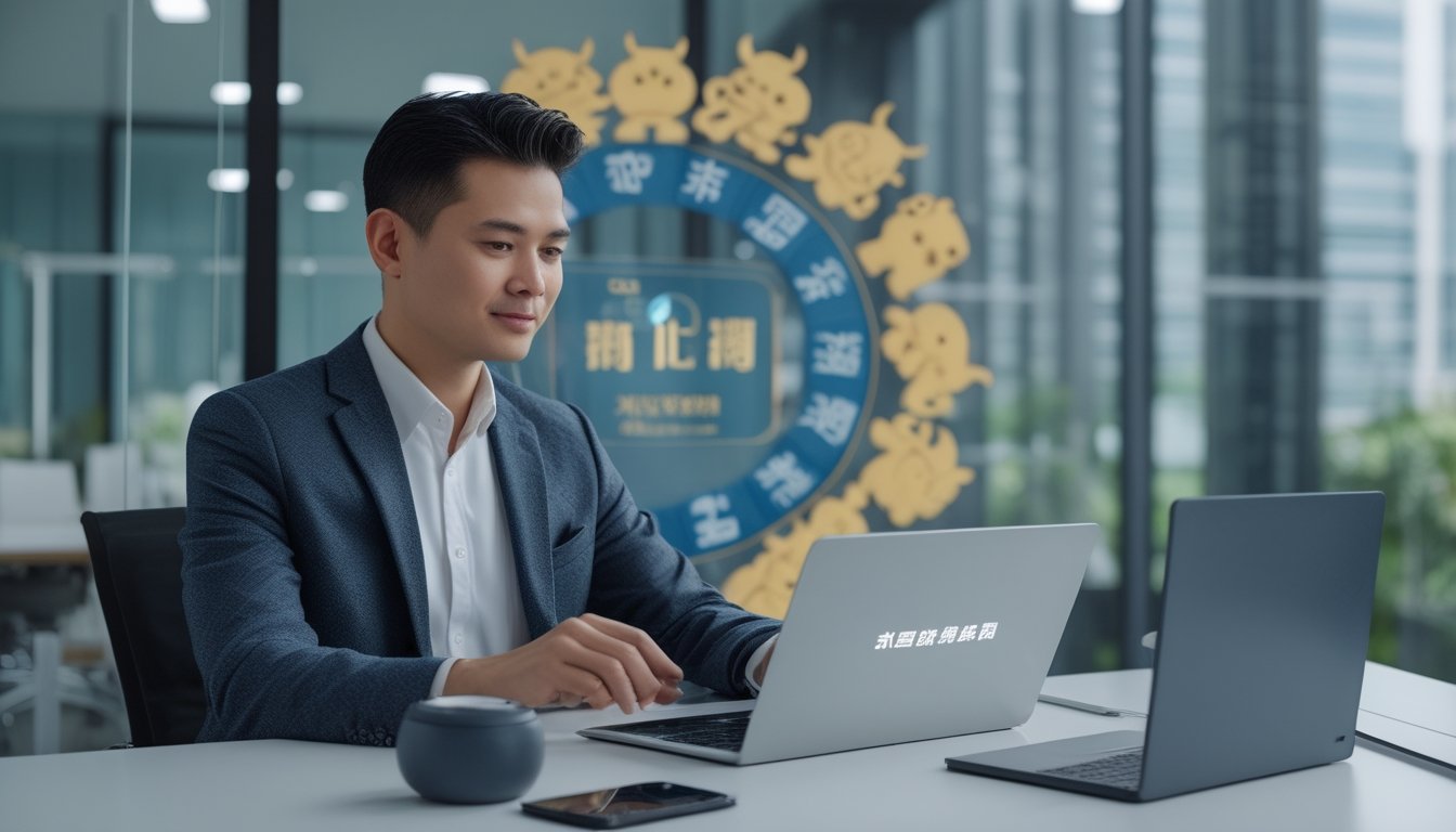 Seorang profesional Indonesia memeriksa pembayaran digital dengan simbol keamanan dan hiasan zodiak Tionghoa di kantor modern.