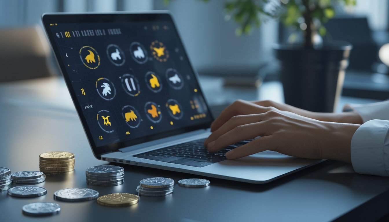 Laptop menampilkan ikon zodiak dan grafik abstrak di meja kerja dengan koin perak serta roda zodiak.