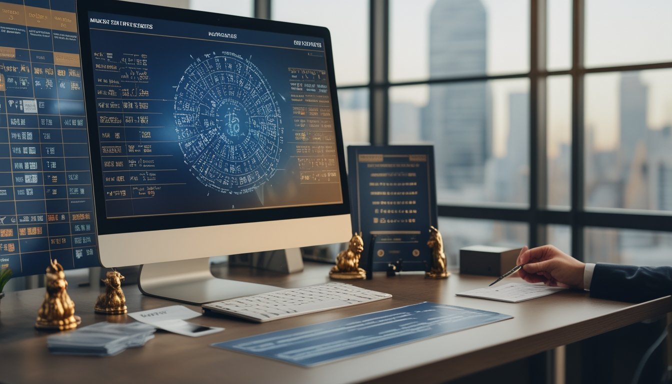 Meja analisis modern dengan layar berisi grafik abstrak dan simbol zodiak Tionghoa.