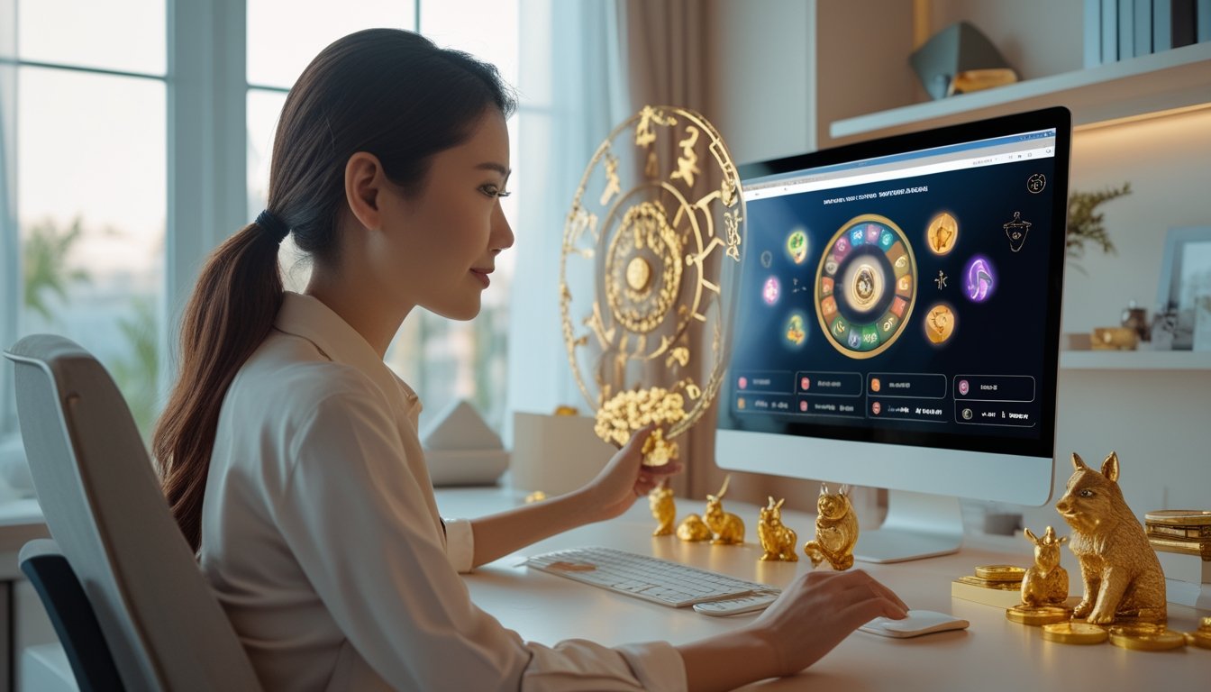 Orang dewasa menggunakan laptop dengan simbol zodiak, koin emas, dan ikon perisai keamanan di ruang kerja modern.