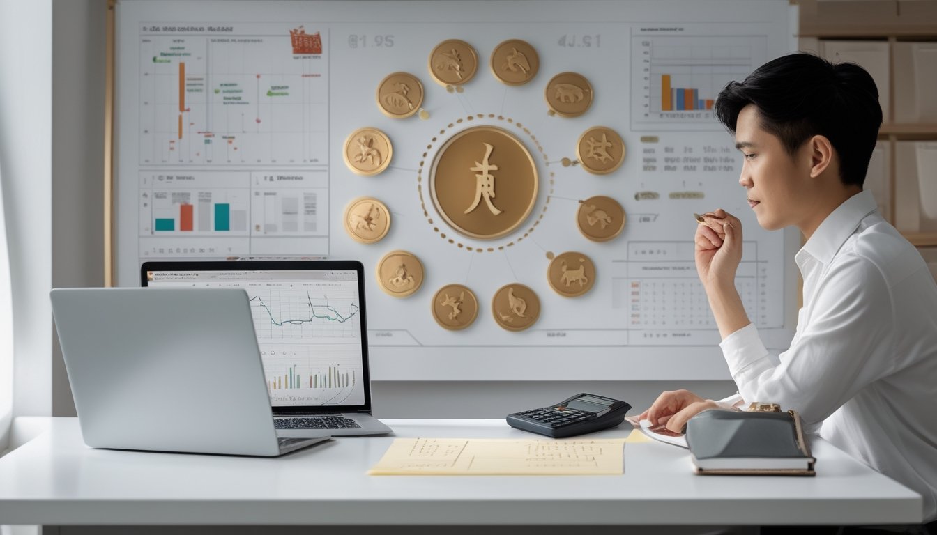 Orang dewasa mempelajari grafik analisis dan simbol dua belas shio di meja kerja modern.