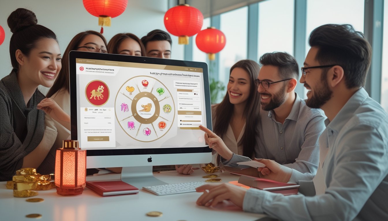 Sekelompok orang dewasa meninjau platform digital bertema shio di laptop dalam suasana kantor modern.