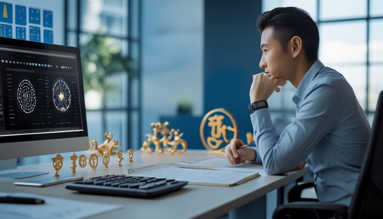 Seorang analis mempelajari grafik abstrak, kalkulator, dan simbol zodiak Tionghoa di meja kerja.
