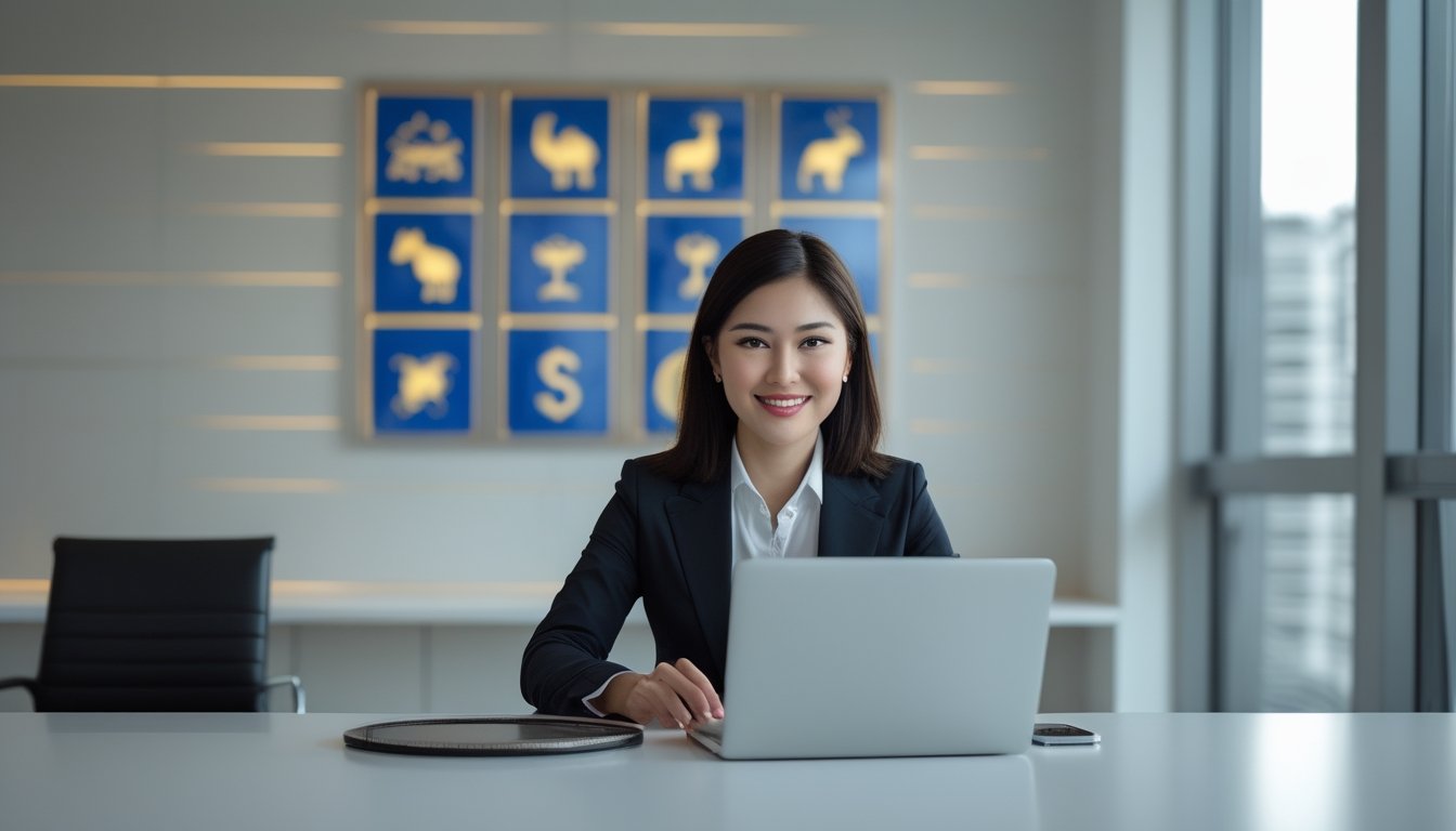 Seorang profesional Indonesia menggunakan laptop dan ponsel di kantor modern dengan dekorasi simbol zodiak.