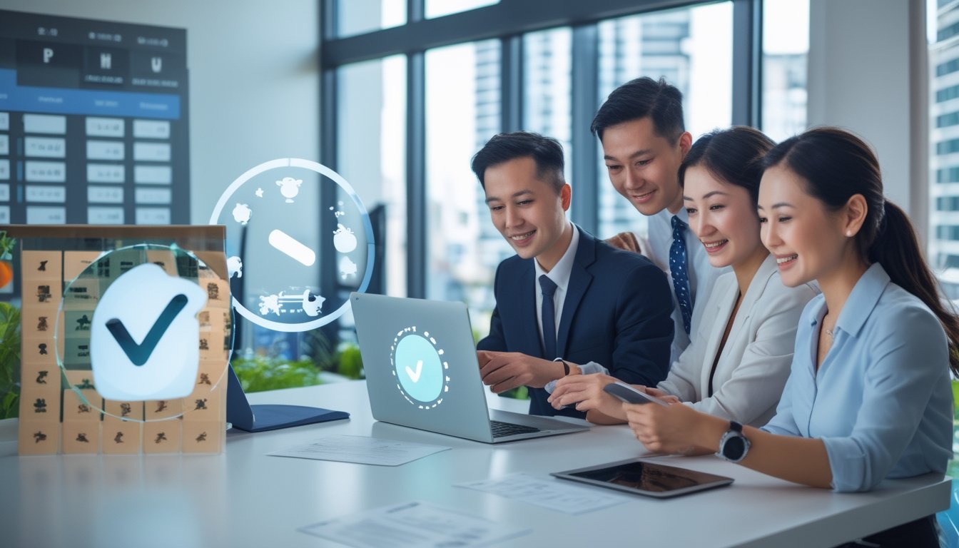Tim profesional memeriksa platform digital pada laptop dan tablet di kantor modern.