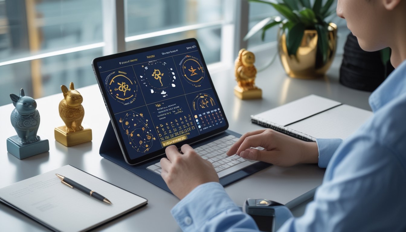 Seseorang menganalisis simbol zodiak dan grafik angka abstrak di meja kerja modern.