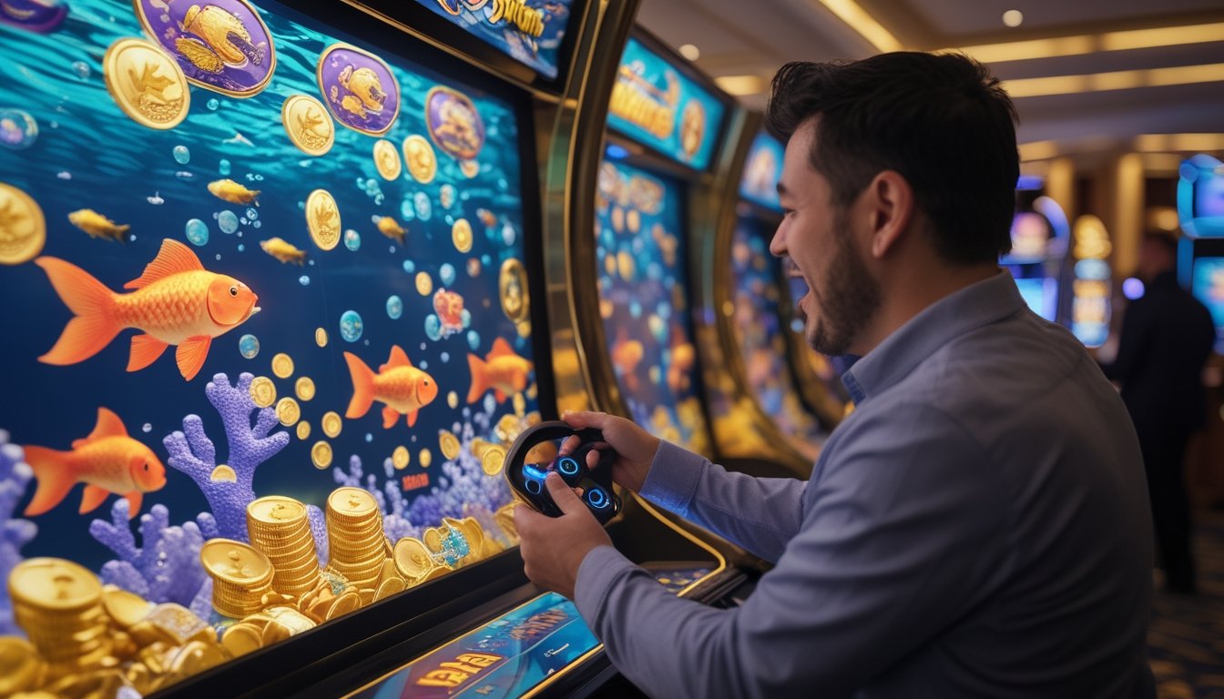 Seseorang memainkan permainan arcade bertema ikan dengan layar penuh ikan berwarna-warni dan efek cahaya meriah.