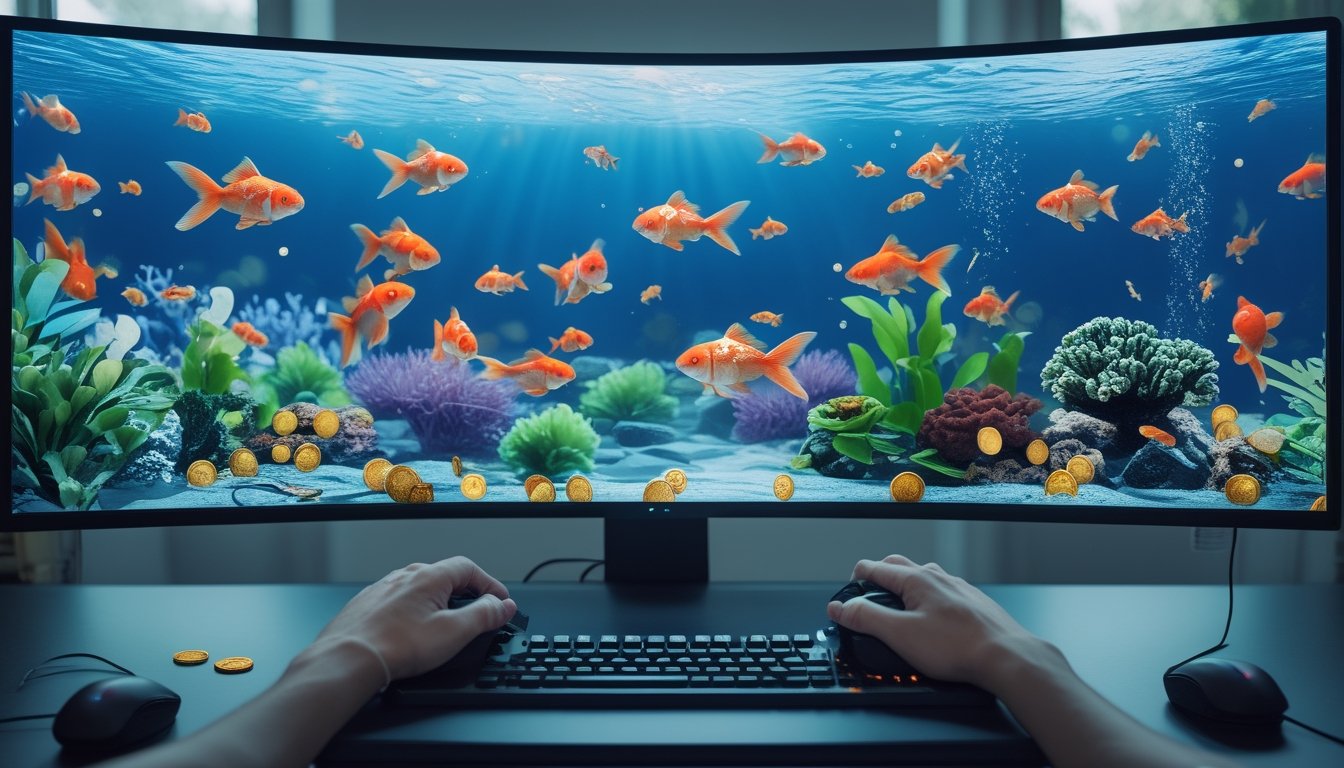 Seseorang bermain gim tembak ikan online dengan latar bawah laut berisi ikan mas, gelembung, dan hadiah bercahaya.