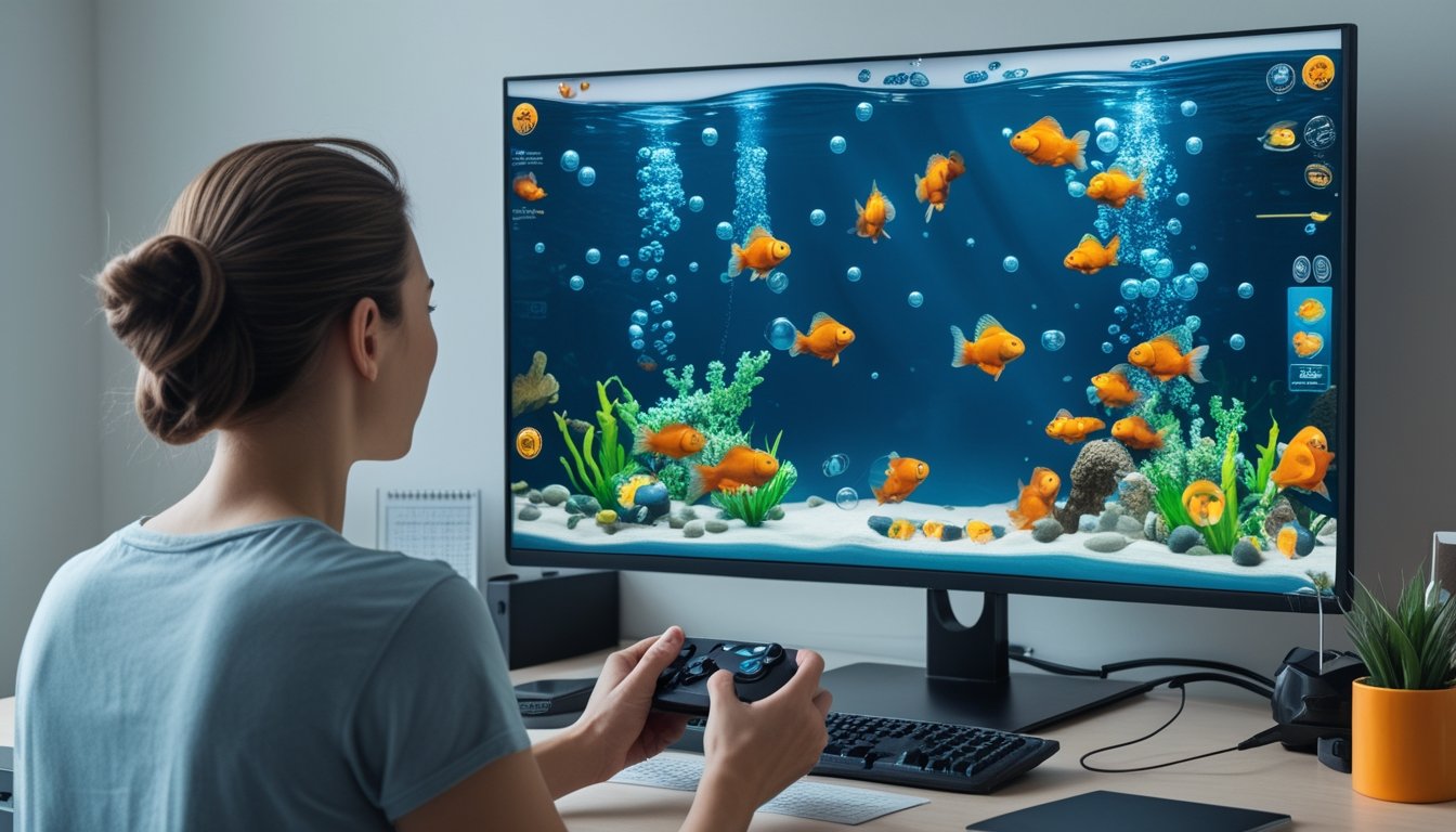 Seorang pemain mengendalikan permainan tembak ikan Goldfish di depan monitor dengan pemandangan bawah laut berwarna-warni.