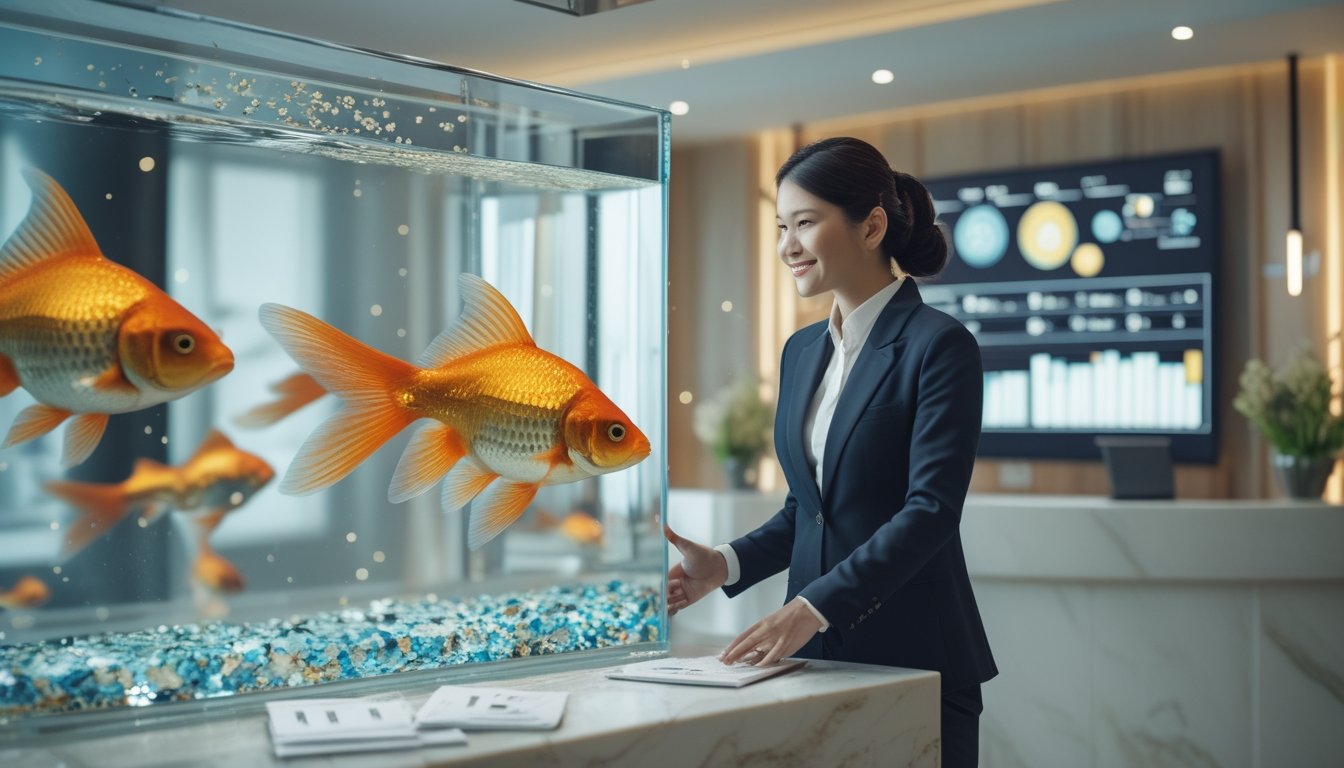 Seorang konsultan menyambut pelanggan di lounge modern dengan akuarium berisi ikan mas koki.