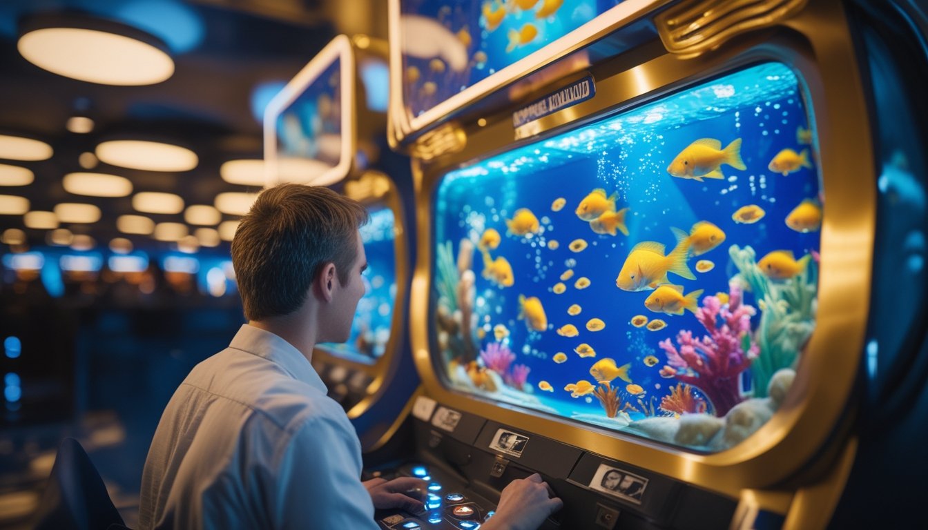 Seorang pemain menikmati permainan arcade tembak ikan dengan ikan emas berwarna-warni di layar akuarium digital.
