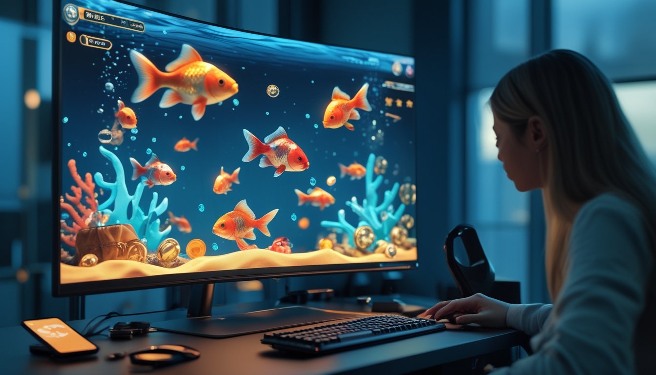Monitor menampilkan permainan arcade bawah laut dengan ikan mas berwarna-warni di meja gaming modern.