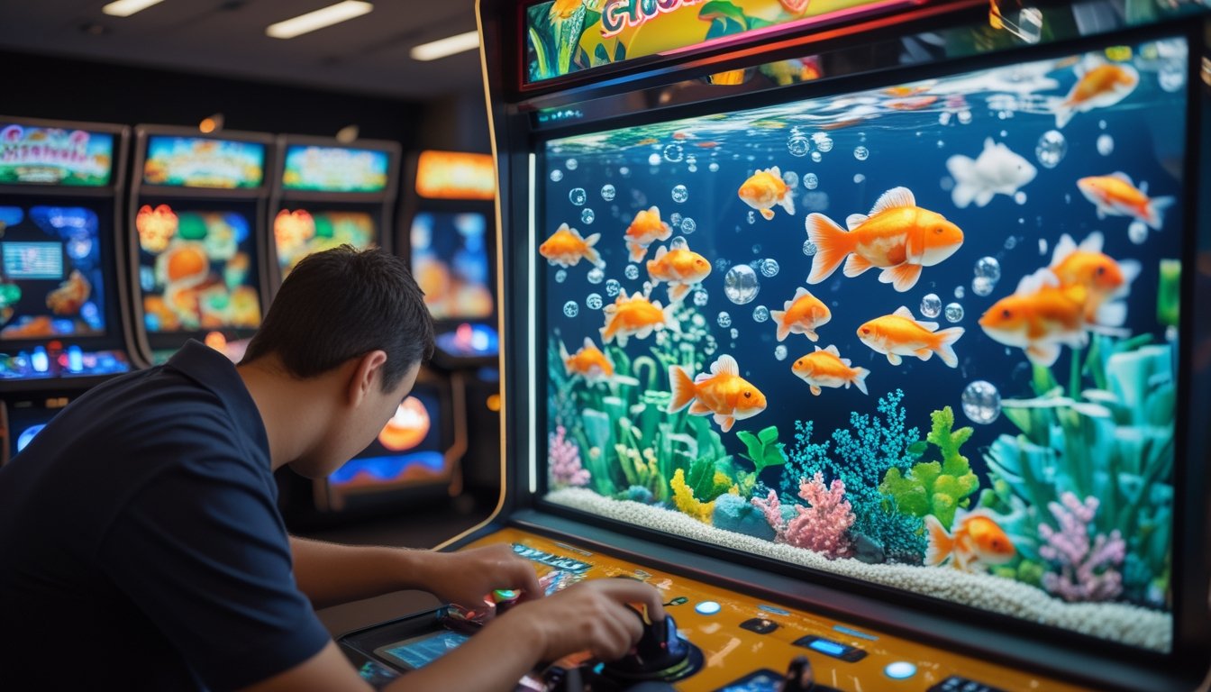 Pemain mengoperasikan permainan tembak ikan dengan tampilan ikan berwarna-warni di layar.