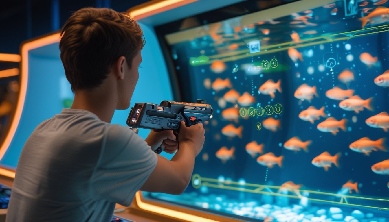 Pemain mengarahkan senjata permainan arcade ke arah ikan mas digital di layar bawah air.