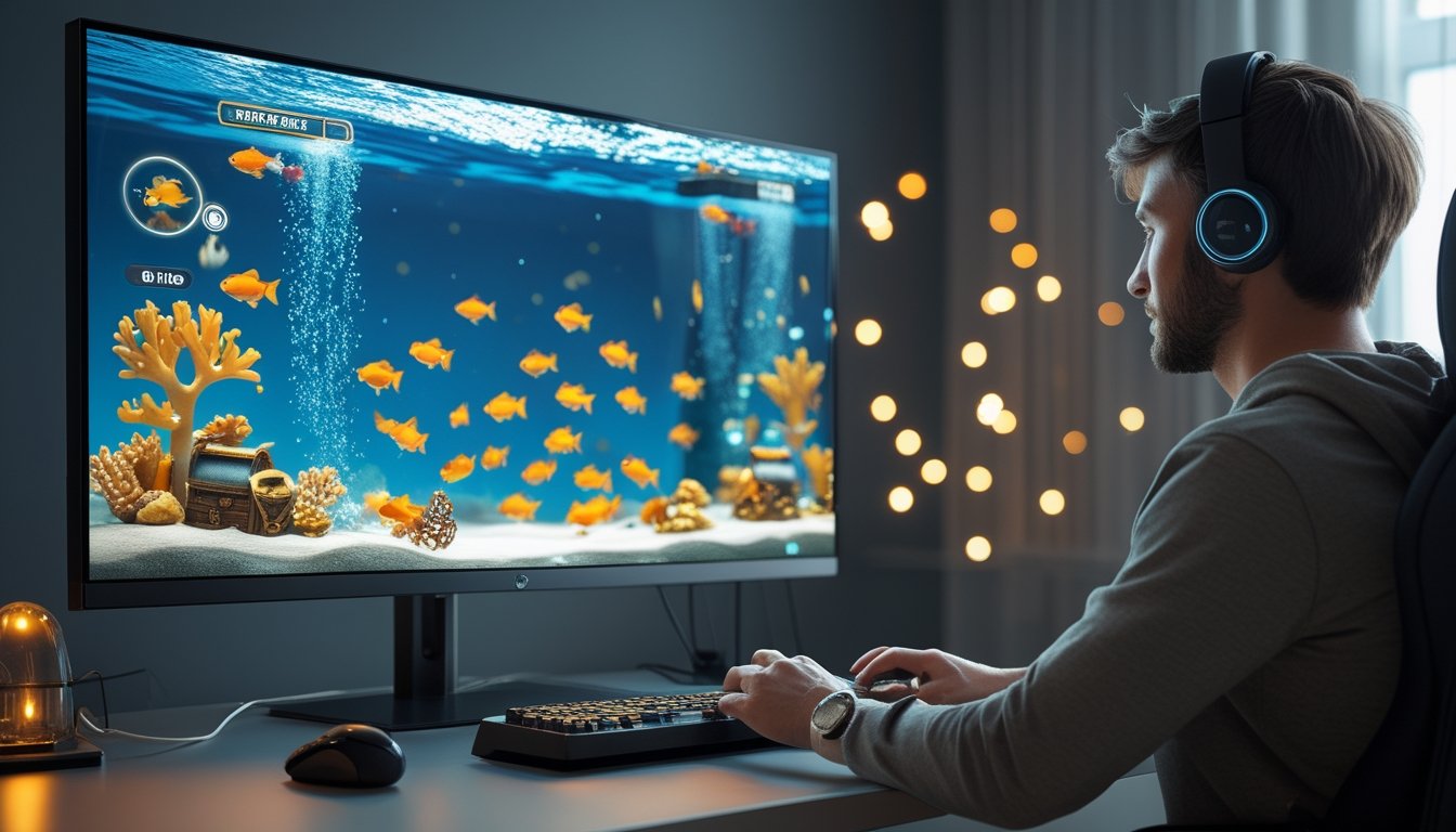 Seseorang mengendalikan permainan menembak ikan mas di layar komputer dengan latar akuarium digital berwarna-warni.
