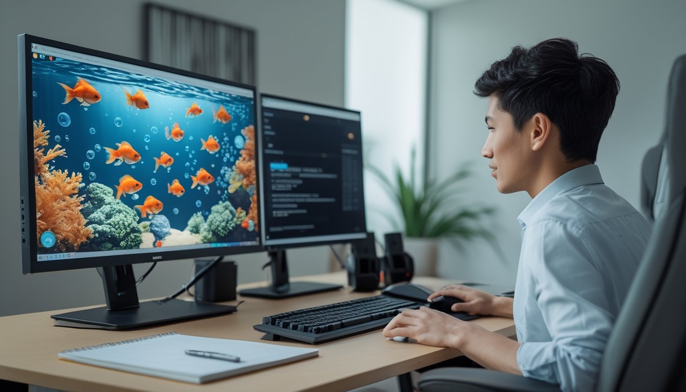 Seseorang memainkan permainan ikan mas virtual di komputer dengan suasana fokus dan penuh analisis.