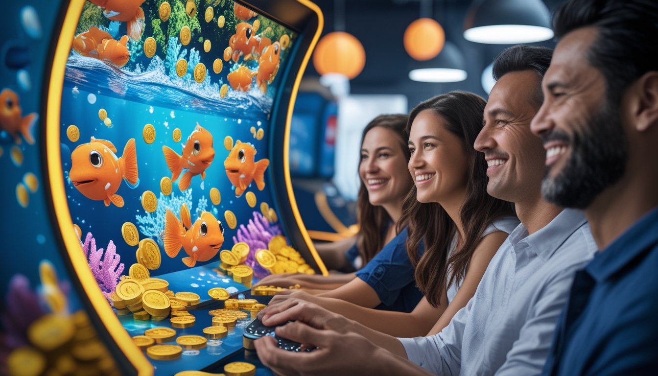 Orang dewasa bermain mesin permainan arcade bertema ikan mas dengan layar warna-warni dan koin emas.