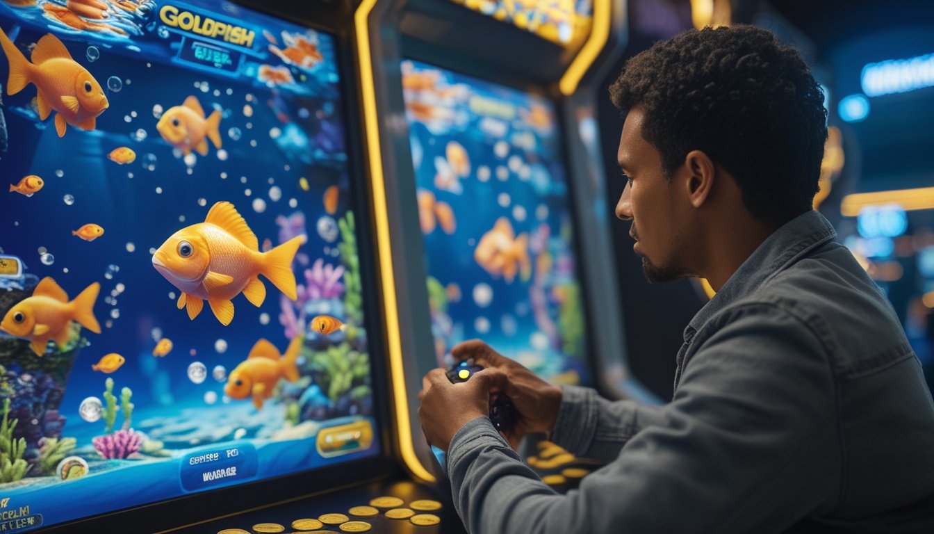 Seorang pemain mempelajari permainan tembak ikan goldfish pada mesin arcade bertema bawah laut.